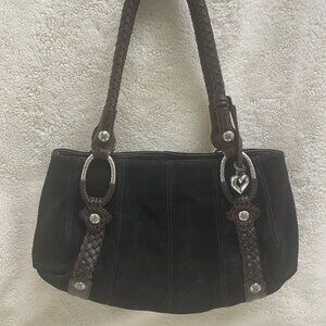 Woman's Brighton Serene Hobo Black Suede and Brown Leather Handbag Med Size